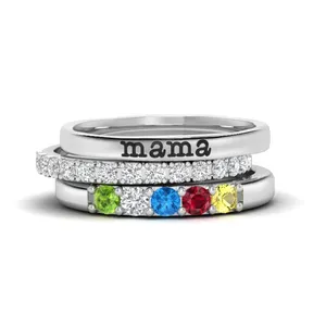 3PCS Personalized Custom 1-6 Simulated Birth Stones Family Mother Rings Customized Engraved Text Name Rings for Women Girls