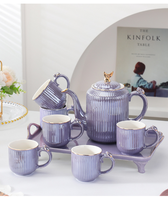 Service à thé en céramique à rayures verticales européennes avec plateau en métal doré, ensemble de vaisselle haut de gamme, cadeau de nouvelle maison, ensemble de tasses à café