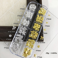 12 compartiments/boîte – Bijoux d'ongles en métal doré et argenté, diamants, multiples styles : nœuds, fleurs, cœurs, mini accessoires en alliage pour ongles