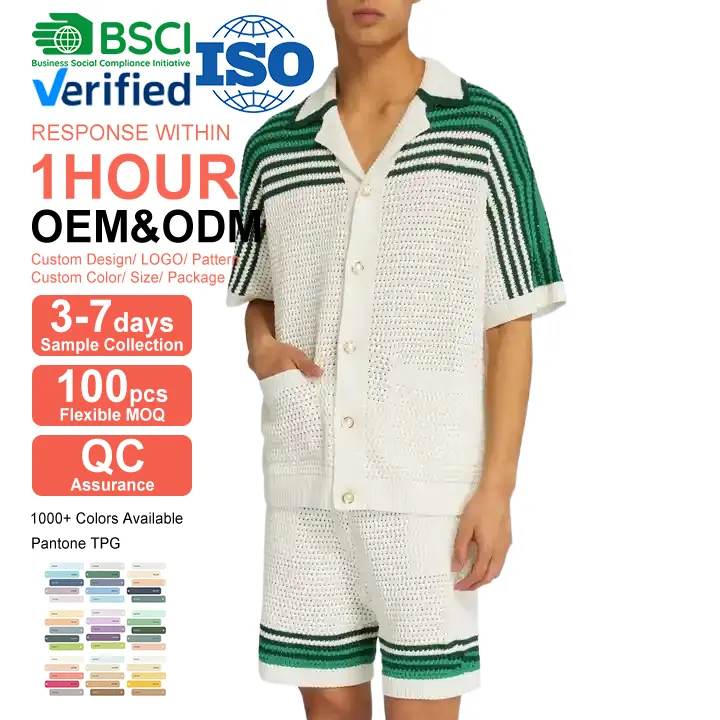 Moda personalizada Malhas de algodão Cardigan dos homens verde e branco com bolsos Shorts de manga curta Camisa de malha dos homens