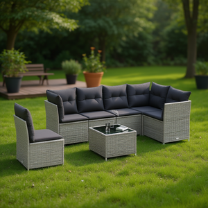 Ensemble de canapés de jardin en rotin gris 6 places, mobilier d'extérieur contemporain avec structure en acier et verre trempé - Product Image 2