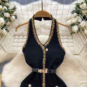 Robe Tunique Midi Col V Roman pour Femme, Sans Manches, Ornée de Perles, Dos Nu, Pailletée, en Dentelle, Noire - Product Image 2