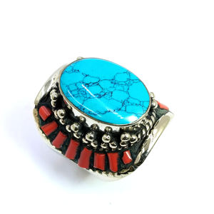 Vente en gros de bagues tibétaines classiques en argent, bijoux de style antique en corail turquoise pour femmes et filles-Cadeau pour mariages et fêtes - Product Image 1