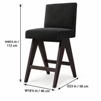 Tabouret de bar haut avec dossier, revêtement en tissu texturé noir, pieds en bois en forme de A, chaise de bar pour la maison, la cuisine, le café