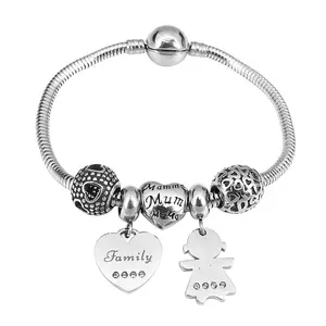 Stainless Steel Family Charm Bracelet Bead Bracelet with Family Love Mom Kid House Dangle Charms Beads for Kids Girls