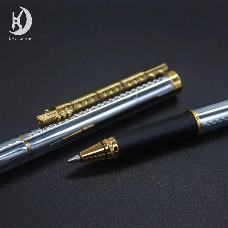 JX-A085 High Quality Business Office Silver Color Gold Chrome Train Design Smooth Writing Metal Rollerball Pen