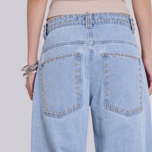 Pantalones Vaqueros Anchos Retro Y2K Azules Lavados con Remaches Laterales, de Algodón, Estilo Oversize, para Mujer - Product Image 4