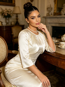Elegant Beige Satin Midi Dress with Faux Two-Piece Design and <b>Three</b>-Quarter Bell Sleeves - Product Image 3