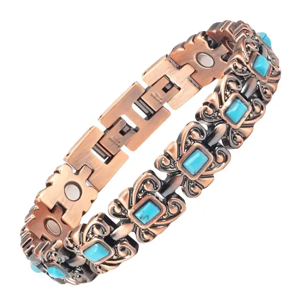 Topfabrikant Op Maat Luxe Turquoise Magnetische Puur Koperen Armbanden Voor Mannen