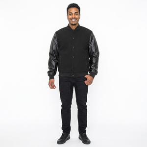 Blouson universitaire pour homme, col montant, broderie, style baseball, noir, pour couples, collection automne - Product Image 1