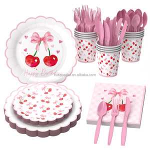 Décorations d'anniversaire cerise, assiettes et serviettes roses à nœud, fournitures de fête pour vaisselle de table sur le thème des fruits cerises - Product Image 1