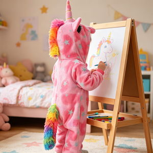 Tuta in pile rosa con stelle e <span class=keywords><strong>unicorno</strong></span> per bambini, autunno inverno, Halloween, carnevale, abbigliamento da gioco, performance sul palco, tuta cosplay con cappuccio - Product Image 3