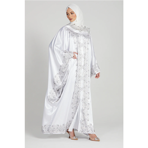 Abaya blanca elegante personalizada para Ramadán, vestido musulmán para mujer, abaya con mangas holgadas, abaya de satén blanco de lujo con adornos, Farasha abierta. - Product Image 1