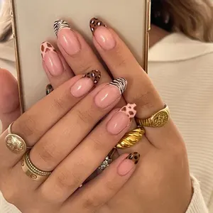 Ins Hot Sell Animal French Nails Tips Design False Fingernails Short Natural Looking Transparent Glossy Strongest Press On Nails