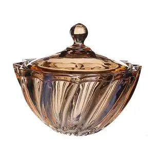 Golden Amber Italian Helical Streamline Glass Candy Jar Sugar Box Snack Bowl With Lid Jewelry Dry Fruit Storage Canister Tank
