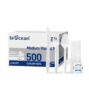 Set di posate in plastica PP di peso medio da 500 pezzi con contenitori per sale e pepe, colore bianco - Product Image 2