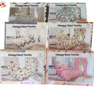 Microfiber printed 6 pcs in 1 bedroom bed duvet cover bed sheet curtain bedding sets with matching curtains