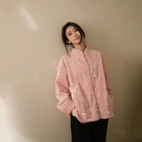 Damen Neo-Chinesische Tang-Jacke, Rosa mit Schwerer Pailletten-Stickerei, Stehkragen mit Froschknöpfen, Sanftes Orientalisches Outfit