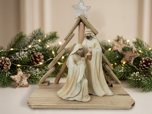3-Piece <strong>Nativity</strong> Holy Family with Wooden Stable, <strong>Minimalist</strong> White Resin Figurines, Farmhouse Christmas Manger Home Decor - Product Image 4