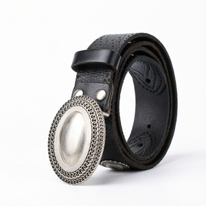 Cinturón de Cuero Genuino Vintage para Hombre, Cinturón de Vaqueta para Jeans con Hebilla de Placa Remachada, Estilo Punk Occidental - Product Image 1