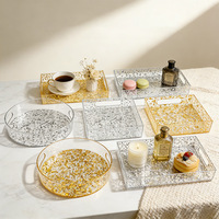 Plateau de service rectangulaire en résine acrylique transparente avec poignées, motif flocons d'or, pour rangement décoratif dans la salle de bain ou sur la table basse