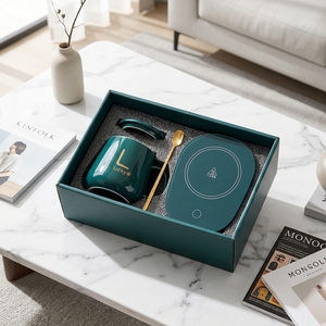 Wisteria Custom Logo Embossed Ceramic Mug <strong>Gift</strong> Set Constant Temperature Heating Coaster Lid Spoon-Luxury Green Box for <strong>Gifts</strong> - Product Image 1