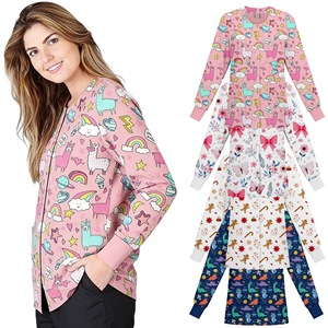 Xiyin Women's Round Neck Cardigan Long Sleeve Button Down Work Uniform Moisture Wicking Stretchy <b>Top</b> For Nurses Hospital Wear - Product Image 3