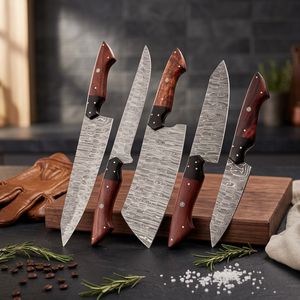 Juego de Cuchillos de Acero de Damasco de 5 Piezas con Mango de Madera, Cuchillos de Chef de Hoja Recta, Hoja Pulida, Ambidiestros - Product Image 1