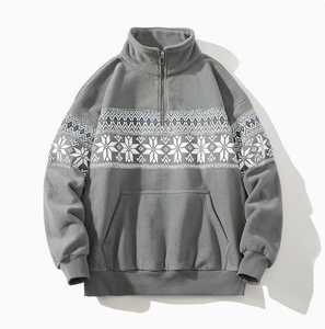 Sweat-shirt polaire vintage pour homme, col montant zippé, imprimé flocons de neige, poche kangourou, vente en gros, décontracté, hiver - Product Image 5