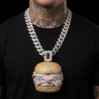 Promotion : Pendentif Burger en Argent Sterling 925 et Moissanite, Réaliste 3D, Style Hip Hop Iced Out pour Hommes, Idéal Streetwear Quotidien