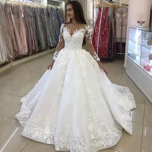 FA208 2021African Beautiful Princess Ball Gown Wedding Dresses Lace Applique Long Sleeves White Bridal Gown Plus Size