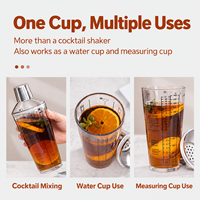 Shaker à cocktails en verre de 600 ml avec mesures imprimées, recettes, couvercle en acier inoxydable, mélangeur de boissons pour bar à domicile, fête, cadeau, vente en gros