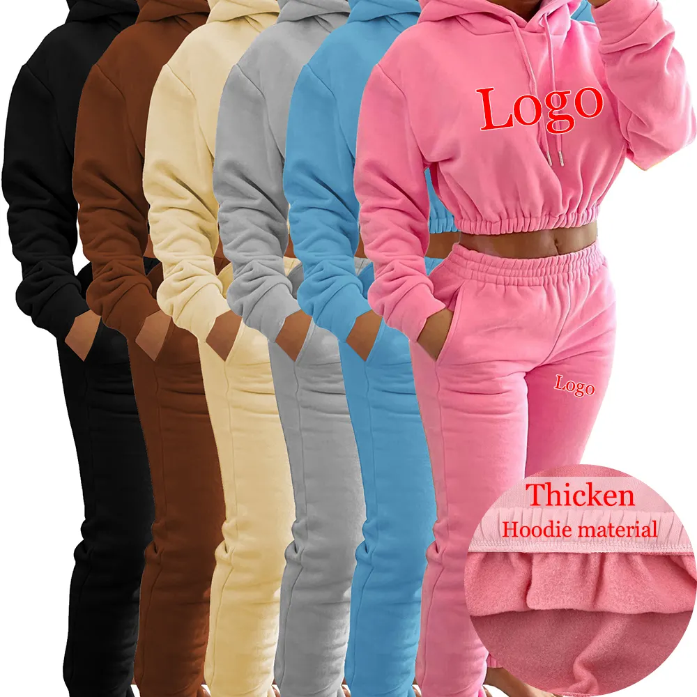 2022 Custom Logo Best Seller Long Sleeve Hoodie Sweatpants Thicken Winter 2 Piece Sweatsuit Set Women