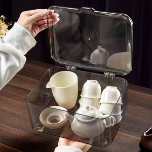 Transparent Tea Set Storage Box With <b>Lid</b> 40x40x25cm <b>Plastic</b> Rectangular Minimalist Design For Living Room Tableware Organization - Product Image 1