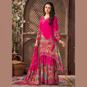 <b>Womens</b> Premium Faux Georgette Salwar Suit Digital Print Real Mirror Hand Work <b>Kurta</b> Palazzo Dupatta Quick Dry - Product Image 1