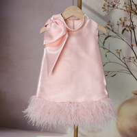 New Girls Princess Dress Rosa Satin Mieder mit großem Schleifen-und Feder rock Ärmelloses A-Linien-Blumen mädchen kleid für die Geburtstags feier