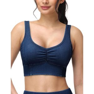Soutien-gorge de sport long en denim froncé pour femme, col en V, rembourré, respirant, pour le fitness - Product Image 1