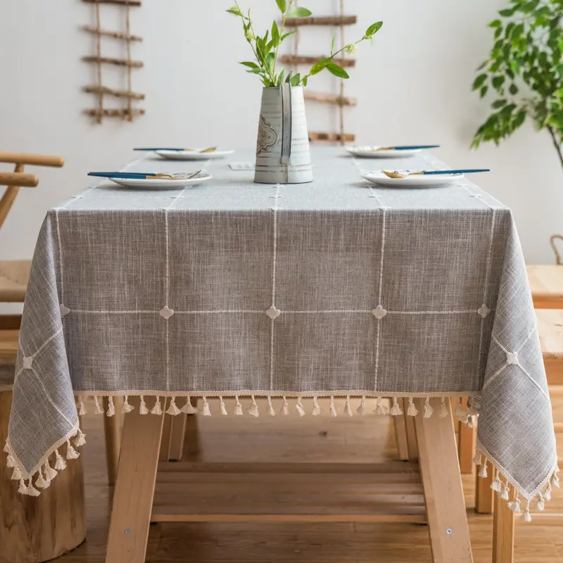 Cotton Linen Rectangular Table Cloth, Wrinkle Resistant Washable Farmhouse Table Cover with Tassels for Kitchen Dining/