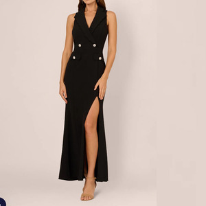 <span class=keywords><strong>Robe</strong></span> femme col festonné <span class=keywords><strong>smoking</strong></span> <span class=keywords><strong>robe</strong></span> sirène noir boutons sans manches <span class=keywords><strong>robe</strong></span> élégante fermeture éclair arrière <span class=keywords><strong>robe</strong></span> maxi fente avant douce - Product Image 2