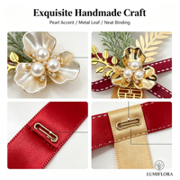 Boutonnière Fleur Dorée Perle Double Bonheur Ruban Bordeaux pour Marié et Garçon d'Honneur – Décoration de Revers de Costume de Mariage