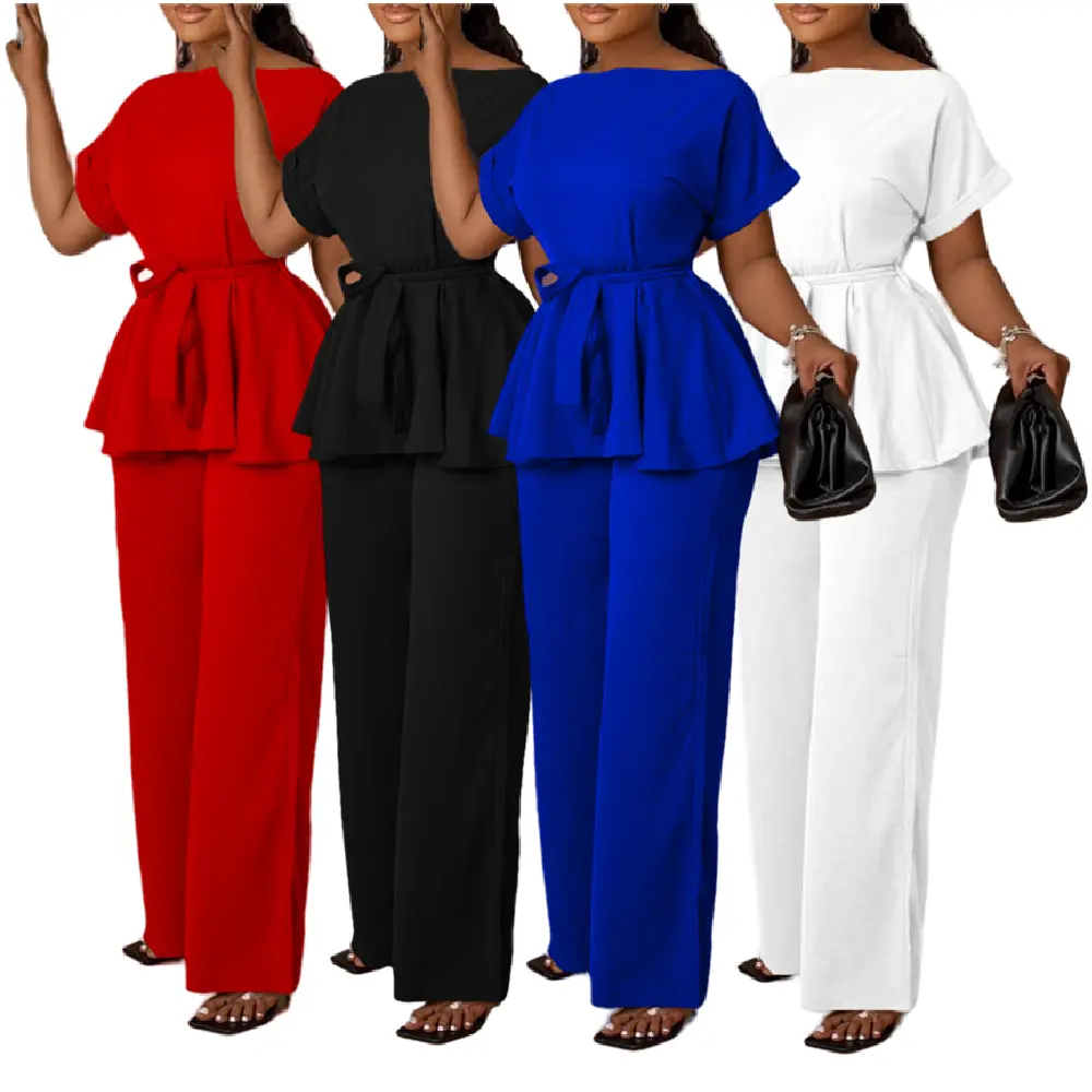D3206 أحدث تصميم الصيف قطعتين مجموعة ملابس النساء ضمادة أعلى الخصر سروال واسع الساق مجموعة عارضة مجموعة ملابس للنساء