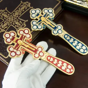 HT Kirchen-Produktlieferant orthodoxe vergoldete bunte Emaille Jesus-Kreuz handgriff Kreuzigung doppelfächtige Jesus-Statue