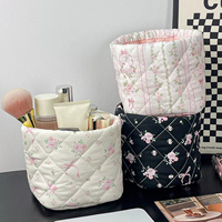Panier de rangement cylindrique en tissu avec nœud mignon, imprimé floral à carreaux, organisateur de cosmétiques et de petits objets pour bureau et chambre