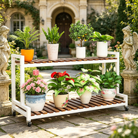 Support de plantes mobile à 2 niveaux avec roulettes, structure métallique, étagères en bois carbonisé pour la maison, le jardin et l'affichage de pots de fleurs – Vente directe usine