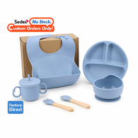 Ensemble de vaisselle en silicone de qualité alimentaire au design moderne pour enfants, comprenant une fourchette et une cuillère à ventouse, un bavoir pour tout-petits, une assiette et un bol avec couvercle