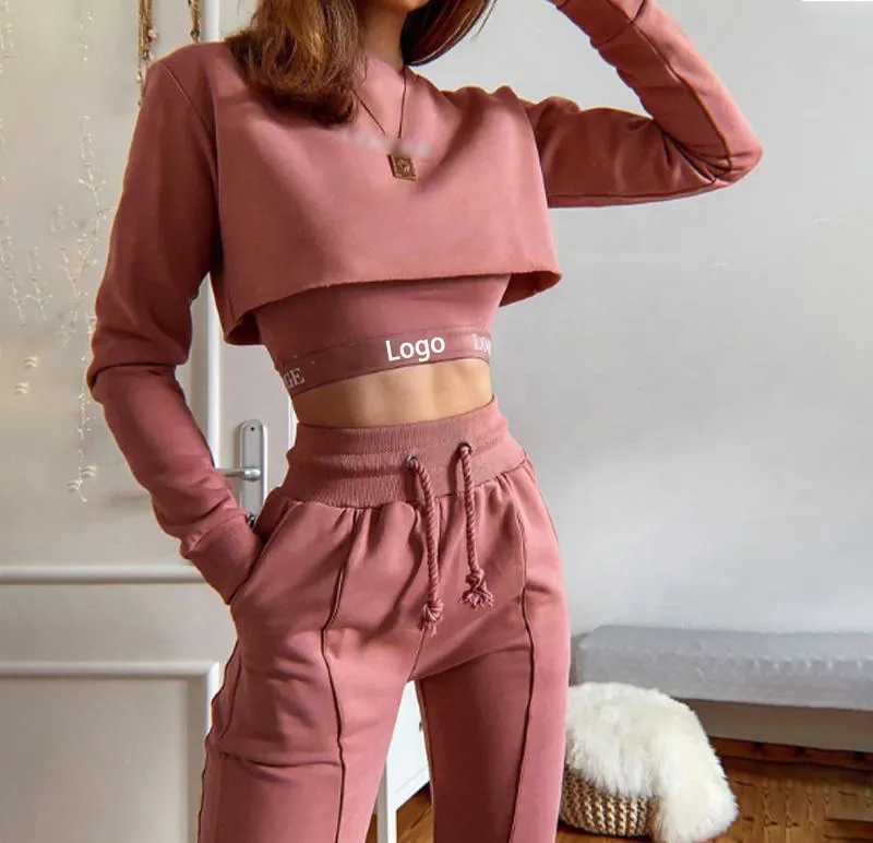 2022 Fall Custom Logo French Terry Blank Crewneck Cropped Drawstring High Waist Women Pullover Crop Sweatpants and Hoodie Set