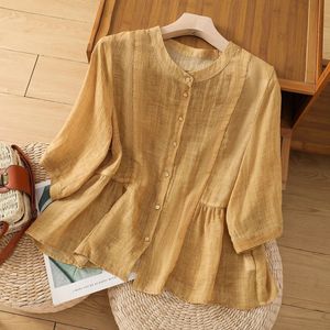 Camisa de lino de manga corta para mujer, color amarillo, corte holgado, transpirable, informal, para verano - Product Image 1