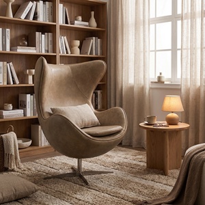 เก้าอี้พักผ่อนทรงไข่หนัง PU แบบหมุนได้ทันสมัย พร้อมฐานอะลูมิเนียมสี่ขา เก้าอี้พักผ่อนไฟเบอร์กลาสสำหรับห้องนั่งเล่น - Product Image 1