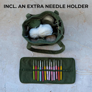 Bolsa de Hilo Elegante para Proyectos de Crochet y Tejido, Organizador de Crochet de Pana <span class=keywords><strong>con</strong></span> 4 Bolsillos Interiores y Orificios para Hilos - Product Image 5