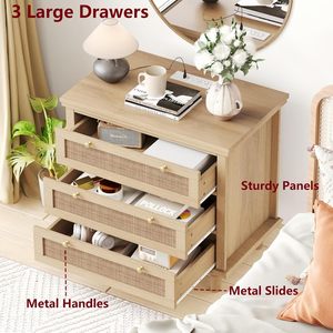 OEM/ODM Wenfeng Modern Solid Wood Nightstand Wide Rattan Charging Station 3 Large Drawers <strong>Smart</strong> Bedroom Storage Home <strong>Furniture</strong> - Product Image 2